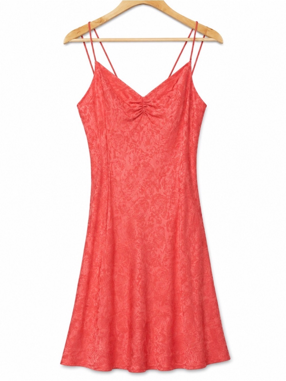 Zara Coral Jacquard Ruched Slip Midi Dress 100% Viscose Spaghetti Strap Large